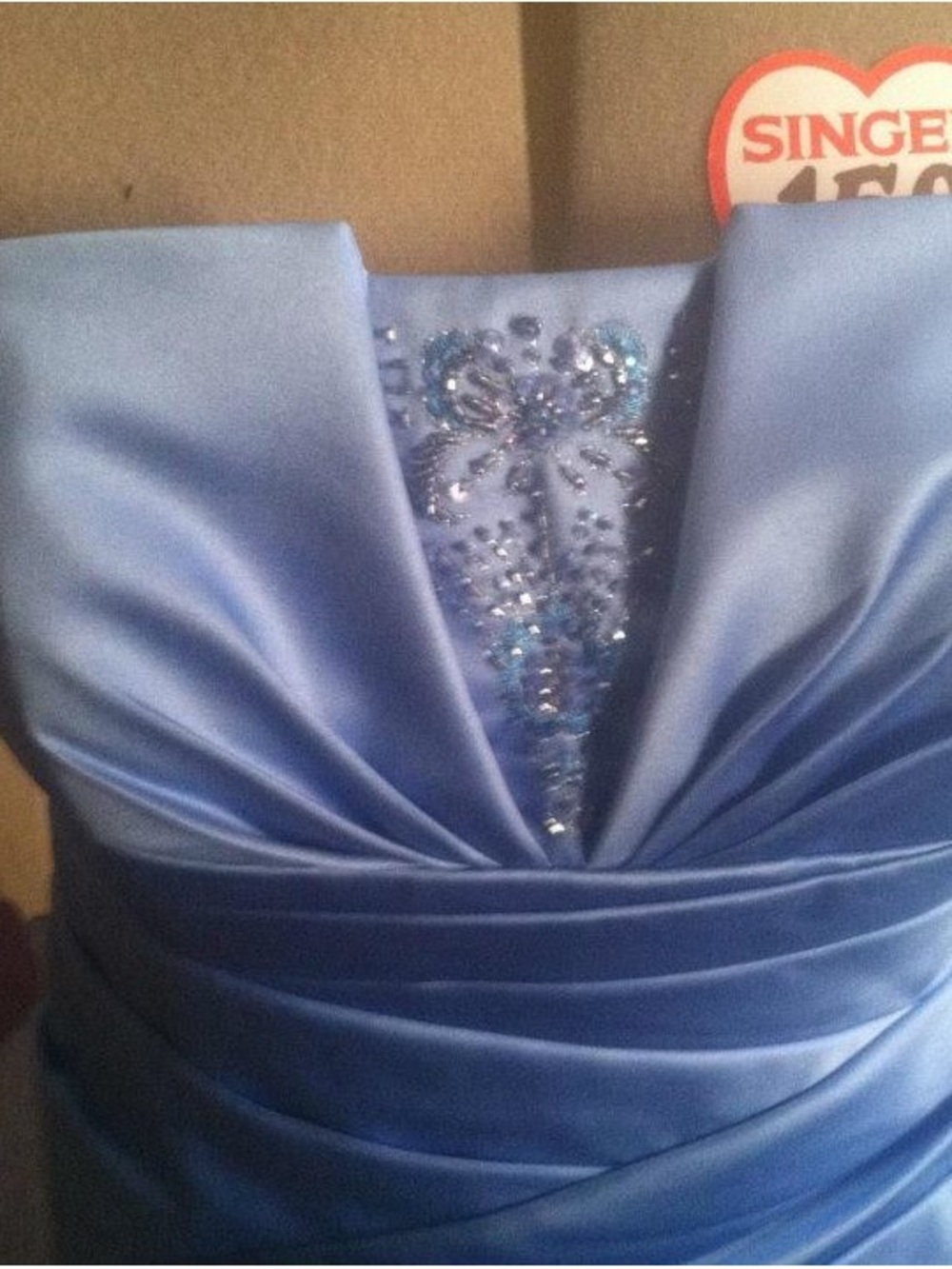 David's Bridal Blue Strapless Satin Dress with Beaded Lace Detail